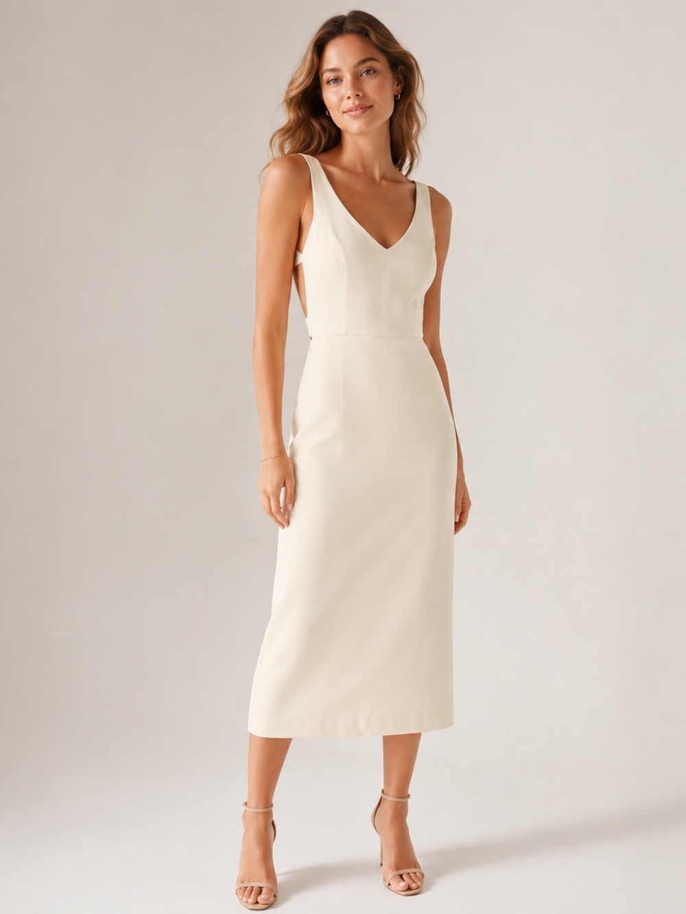 Mod Ref Ivory V-Neck Cutout Tie-Back Midi Dress Size Small